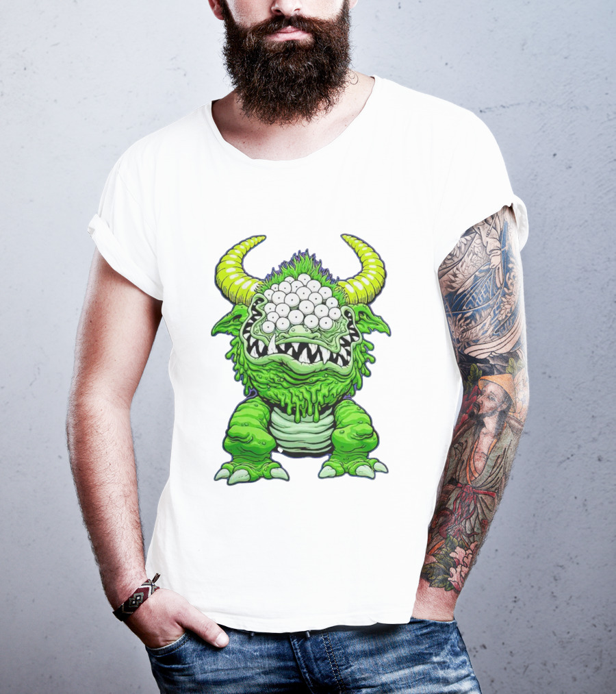 Black Beast Of Aaaarrgghh Multi-Eyed Green Monster With Horns T-Shirt