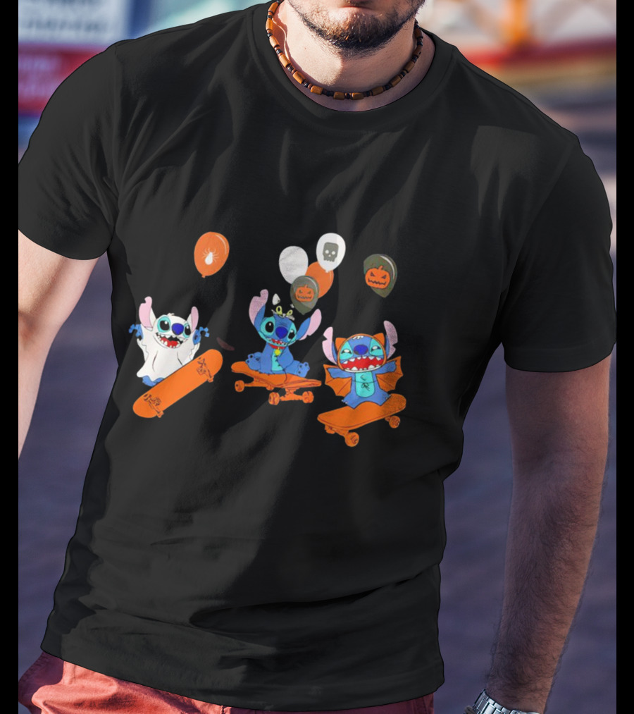 Stitch Skateboarding Halloween Balloons Cute Ghost Pumpkin T-Shirt