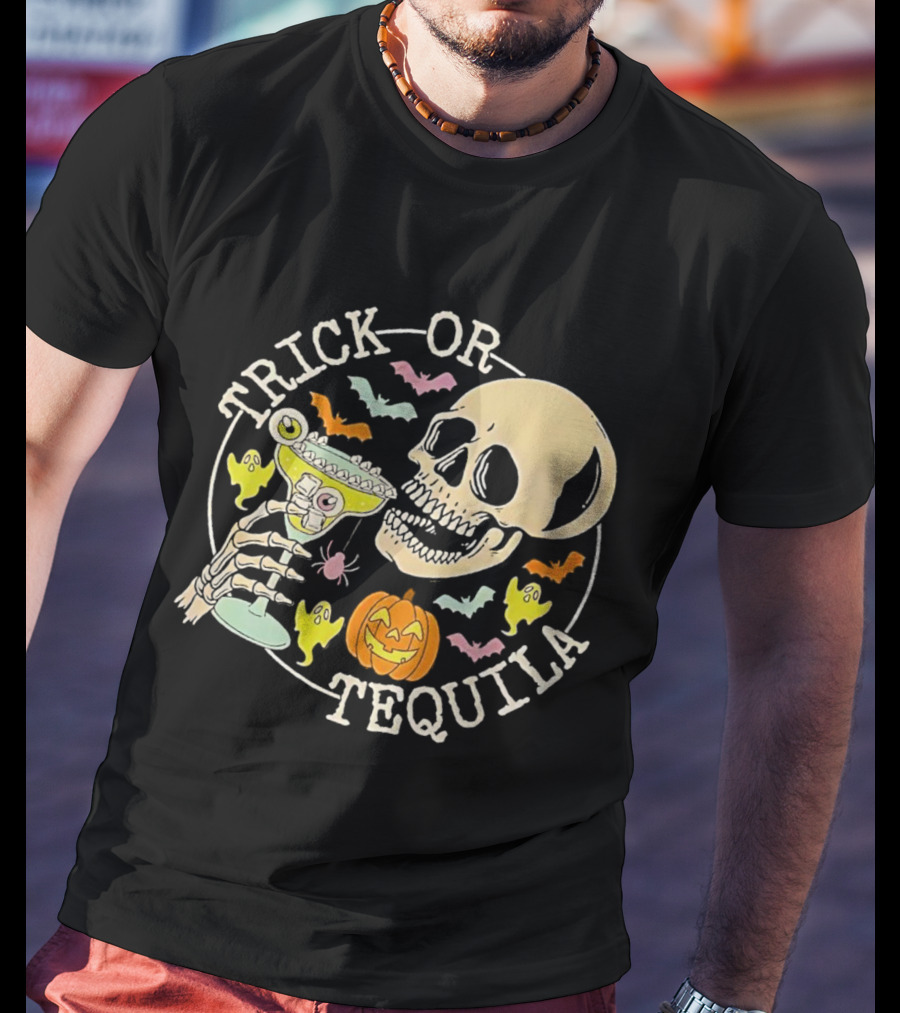 Trick Or Tequila Halloween Skeleton With Margarita, Bats, Ghosts, And Pumpkin T-Shirt