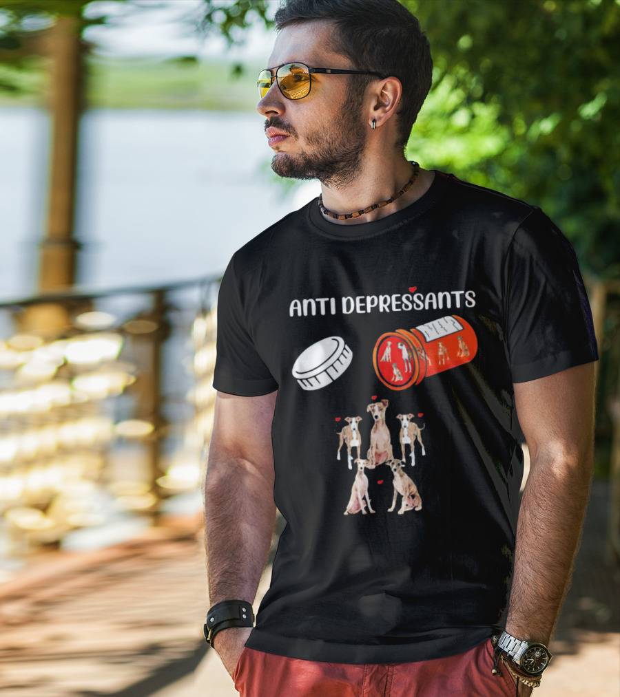 Anti Depressants Dogs Medicine Bottle With Greyhound Puppies T-Shirt