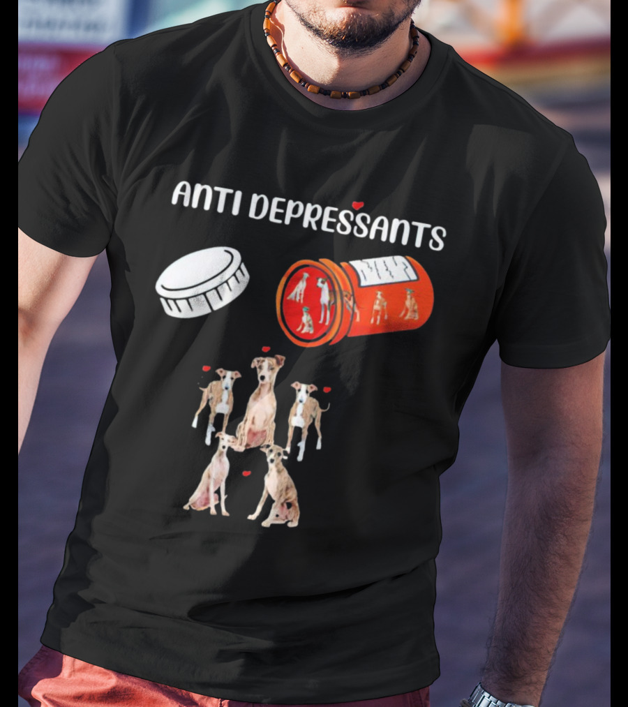 Anti Depressants Dogs Medicine Bottle With Greyhound Puppies T-Shirt