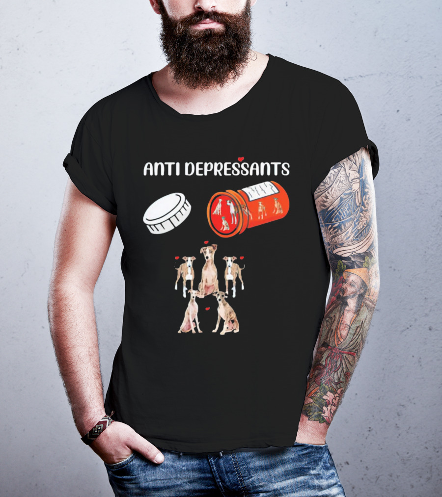 Anti Depressants Dogs Medicine Bottle With Greyhound Puppies T-Shirt