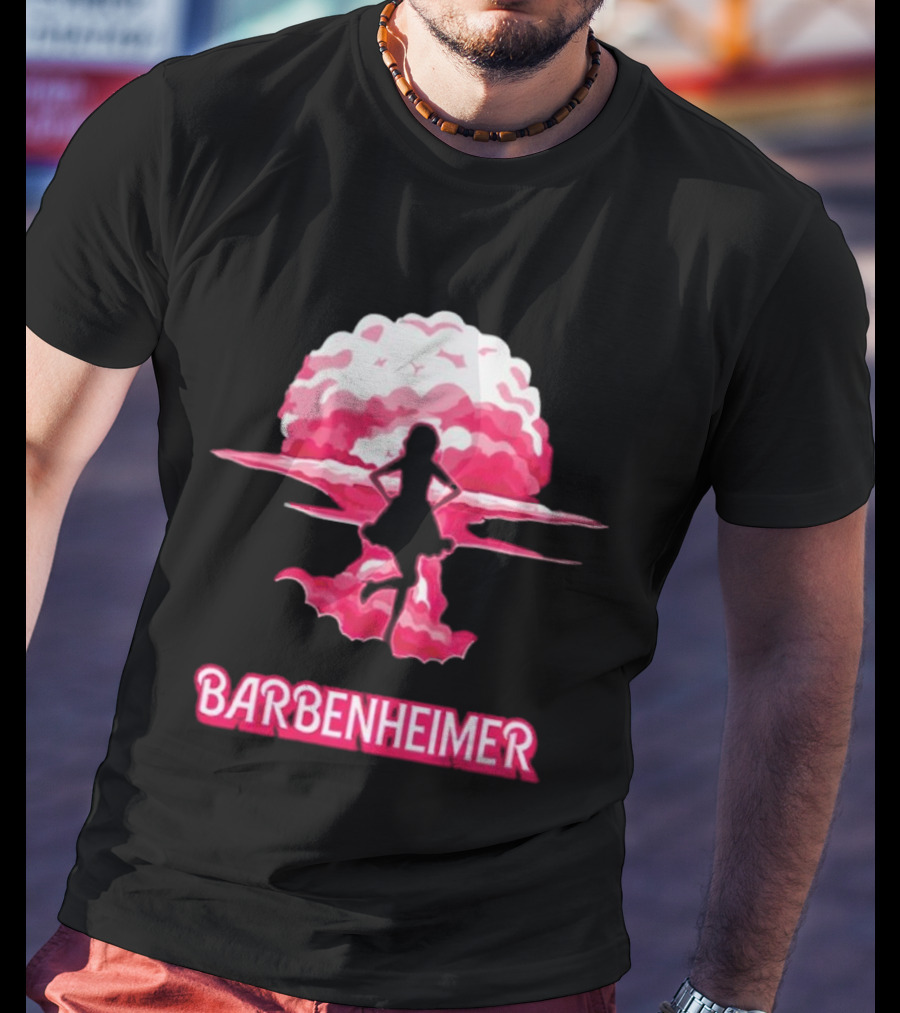Barbenheimer Fusion Silhouette With Pink Explosion Background T-Shirt