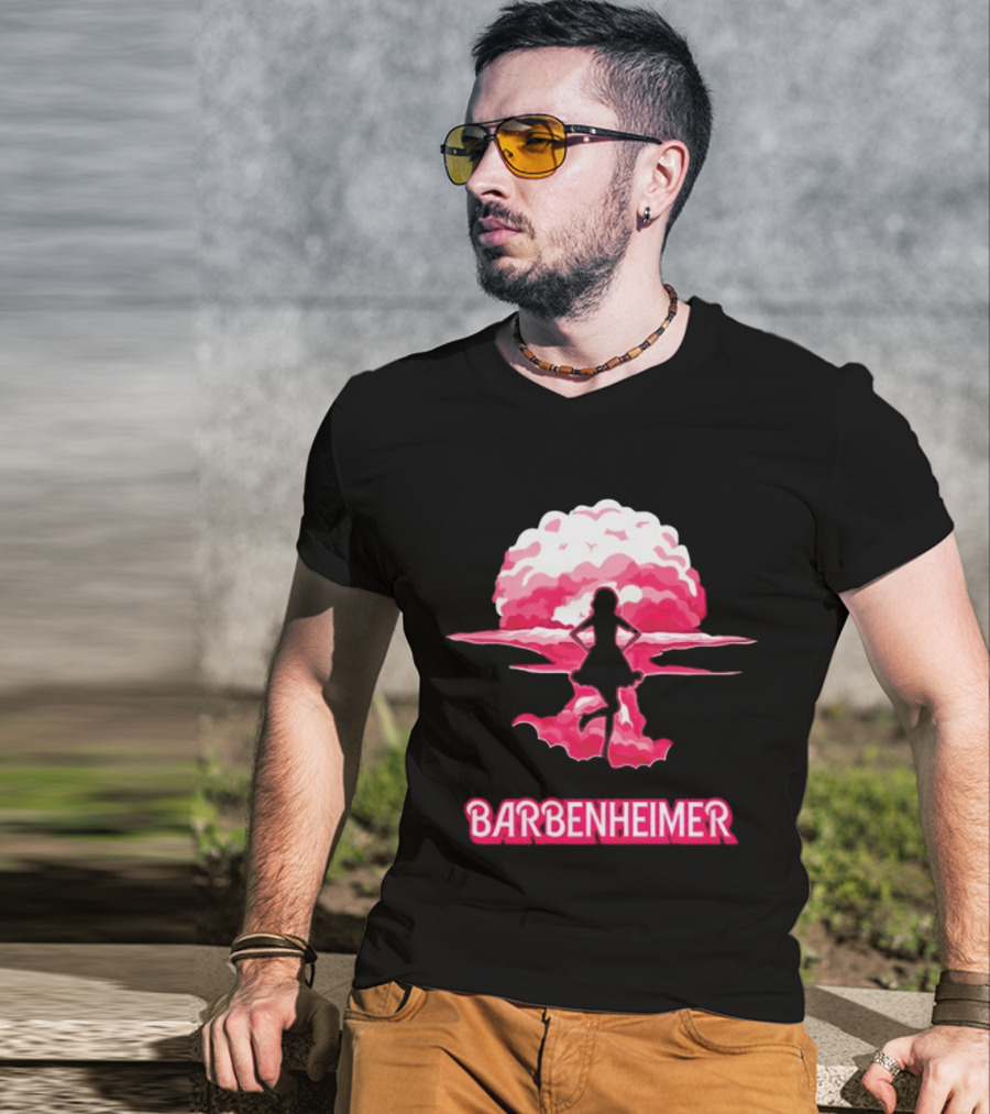 Barbenheimer Fusion Silhouette With Pink Explosion Background T-Shirt