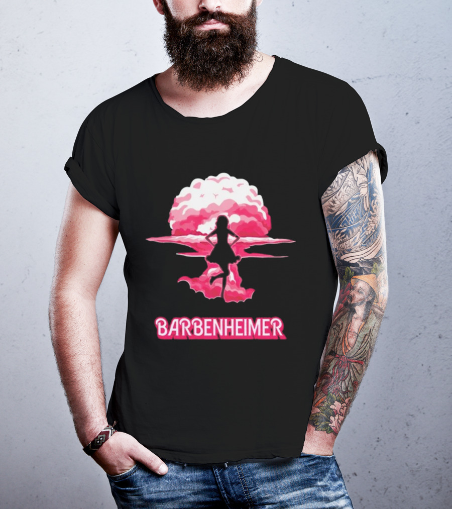 Barbenheimer Fusion Silhouette With Pink Explosion Background T-Shirt