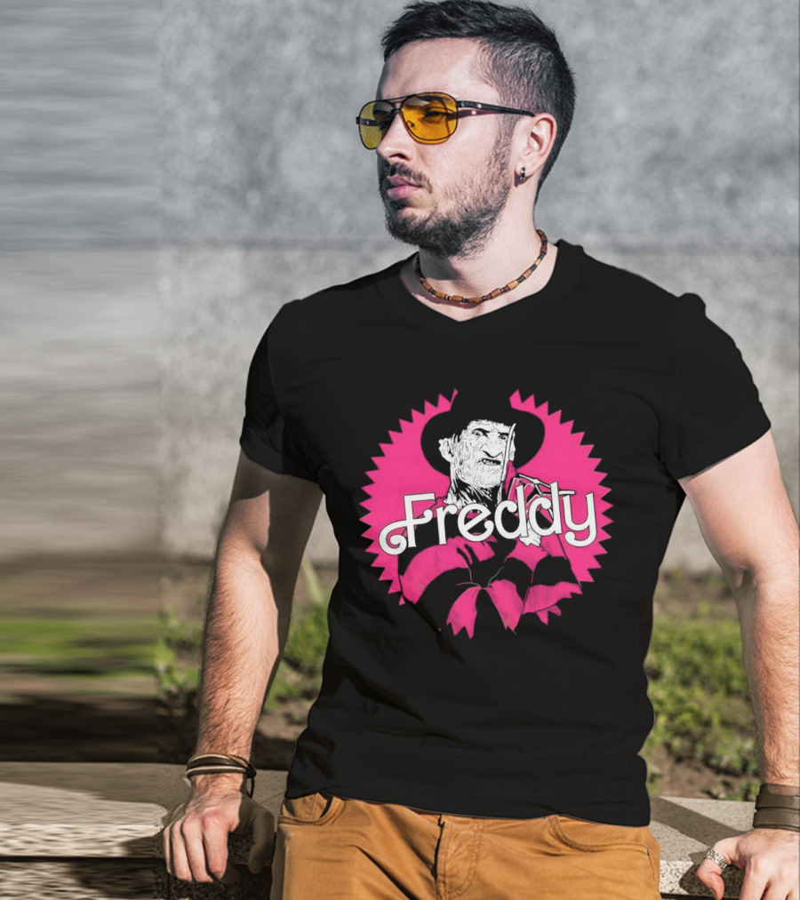 Freddy Krueger Barbie Mashup Graphic Tee Pinkblack Striped Hat T-Shirt