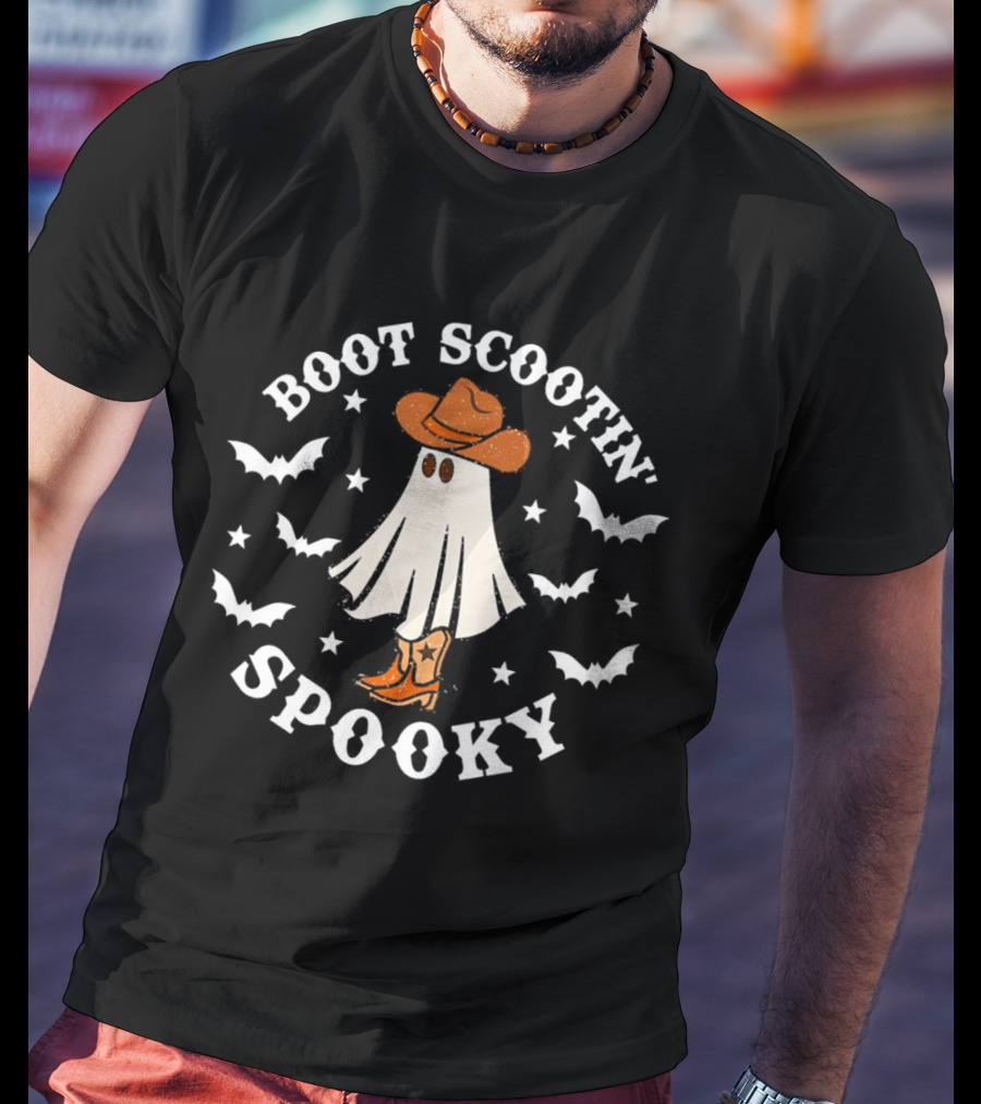 Boot Scootin Ghost With Cowboy Hat Spooky Halloween T-Shirt