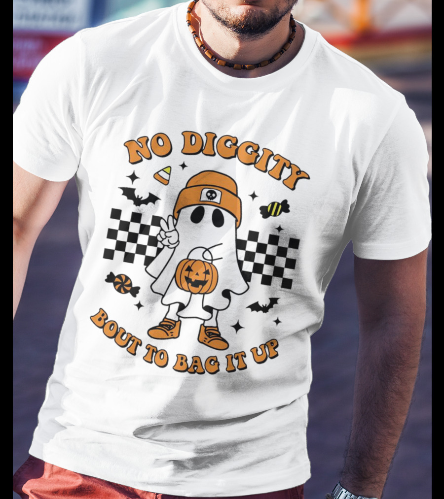 No Diggity Halloween Ghost Bout To Bag It Up With Candy And Pumpkins T-Shirt