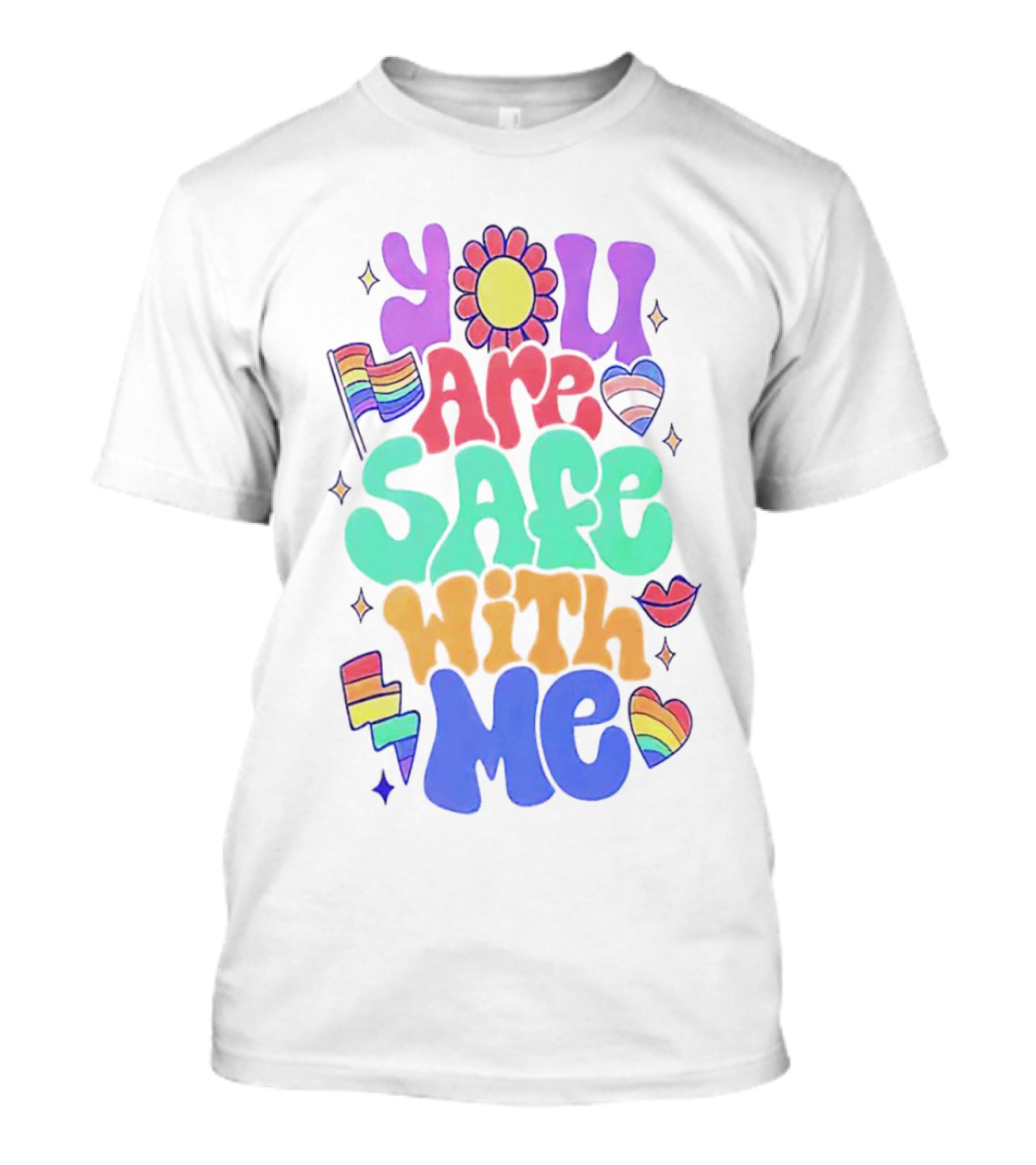 You Are Safe With Me Pride Rainbow Hearts And Flag T-Shirt