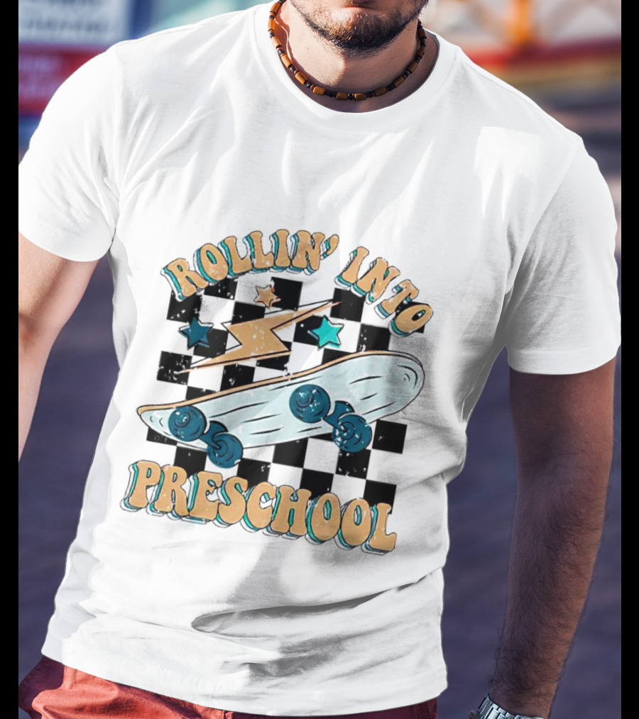 Rollin Into Preschool Skateboard Lightning Stars Checkered Background T-Shirt