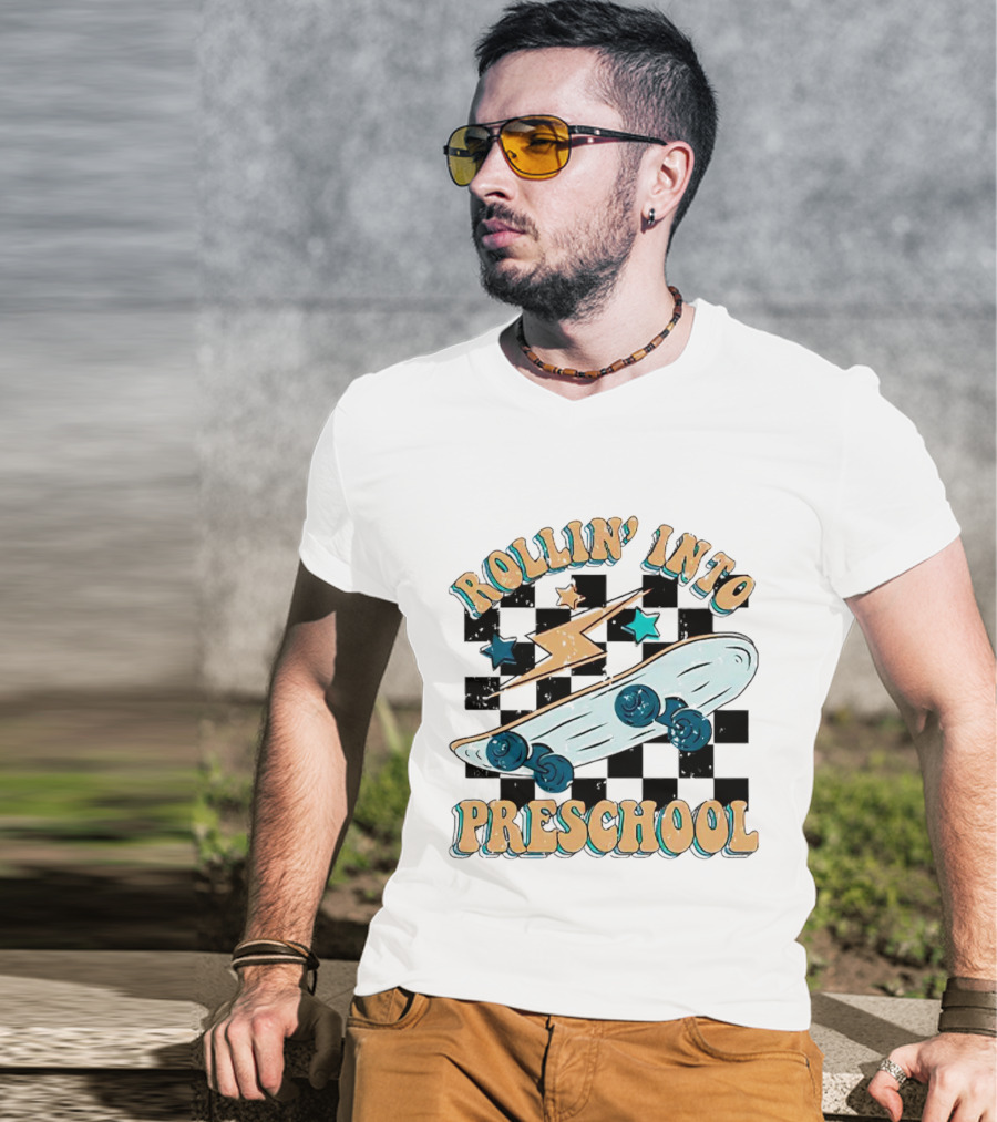 Rollin Into Preschool Skateboard Lightning Stars Checkered Background T-Shirt