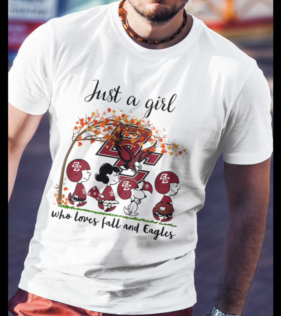 Just A Girl Who Loves Fall And Boston College Eagles Peanuts Cartoon T-Shirt