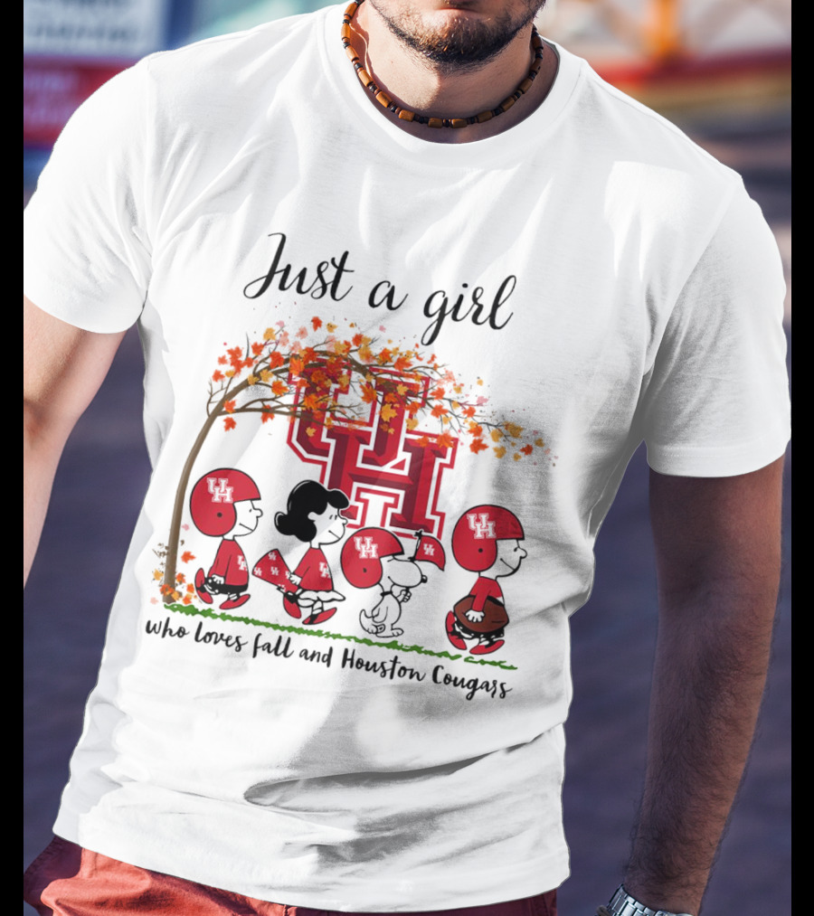 Just A Girl Who Loves Fall And Houston Cougars Peanuts Cartoon T-Shirt