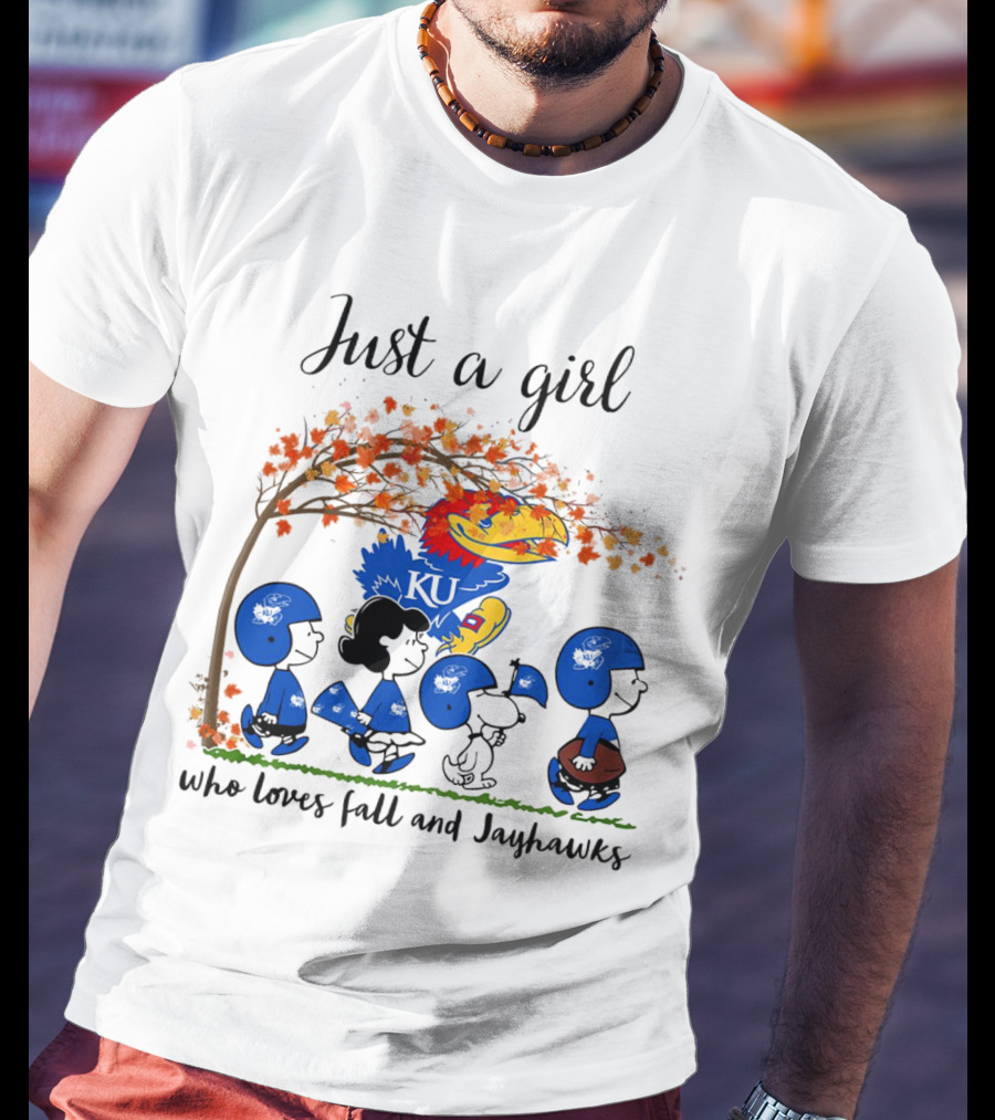 Just A Girl Who Loves Fall And Jayhawks Peanuts Cartoon Halloween KU T-Shirt