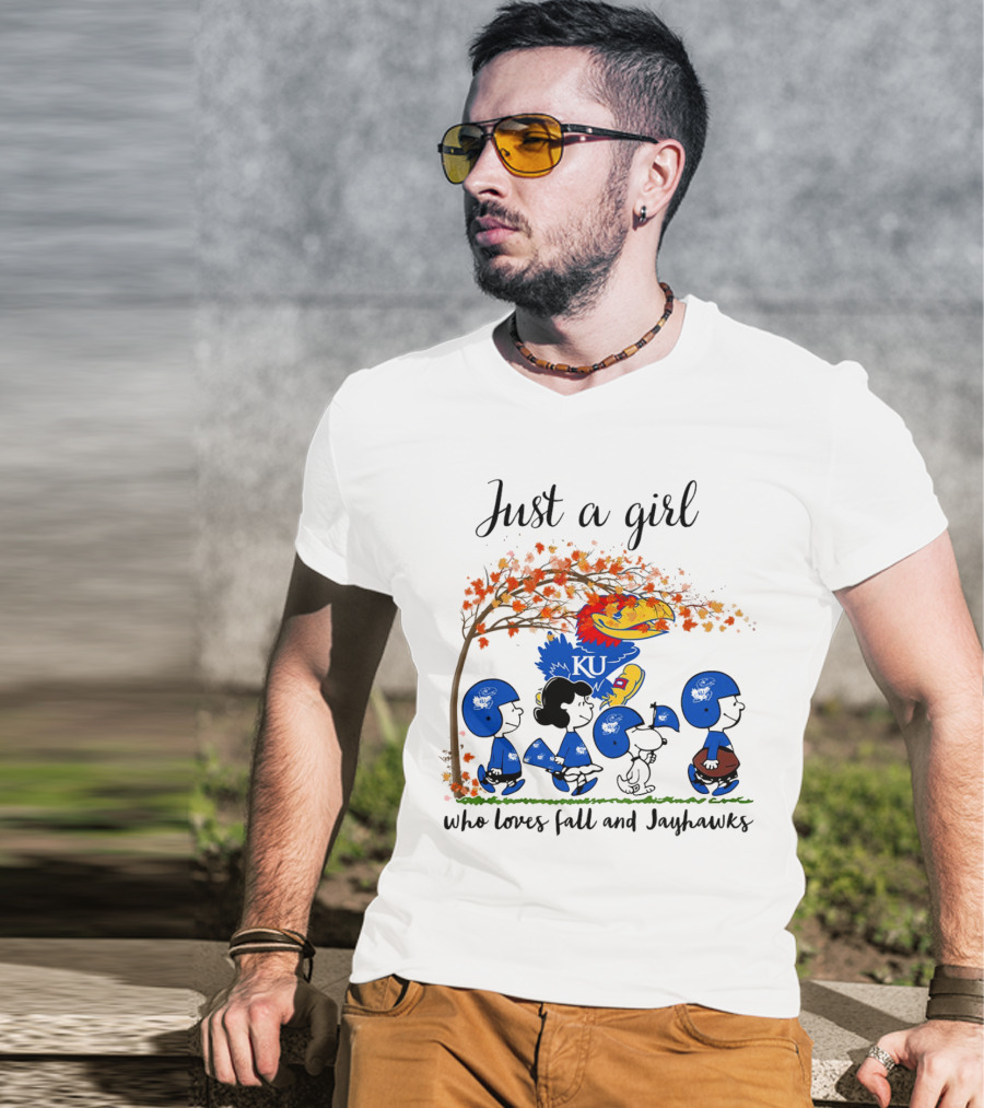 Just A Girl Who Loves Fall And Jayhawks Peanuts Cartoon Halloween KU T-Shirt