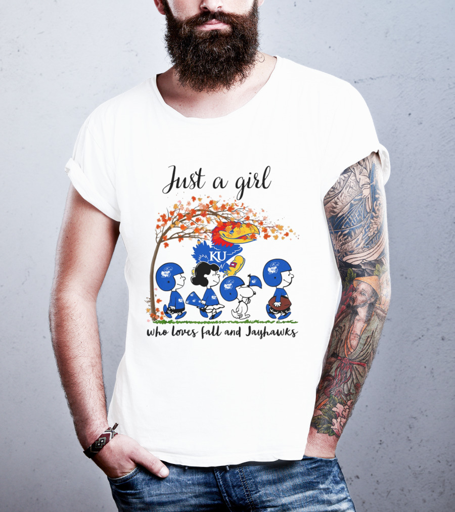 Just A Girl Who Loves Fall And Jayhawks Peanuts Cartoon Halloween KU T-Shirt