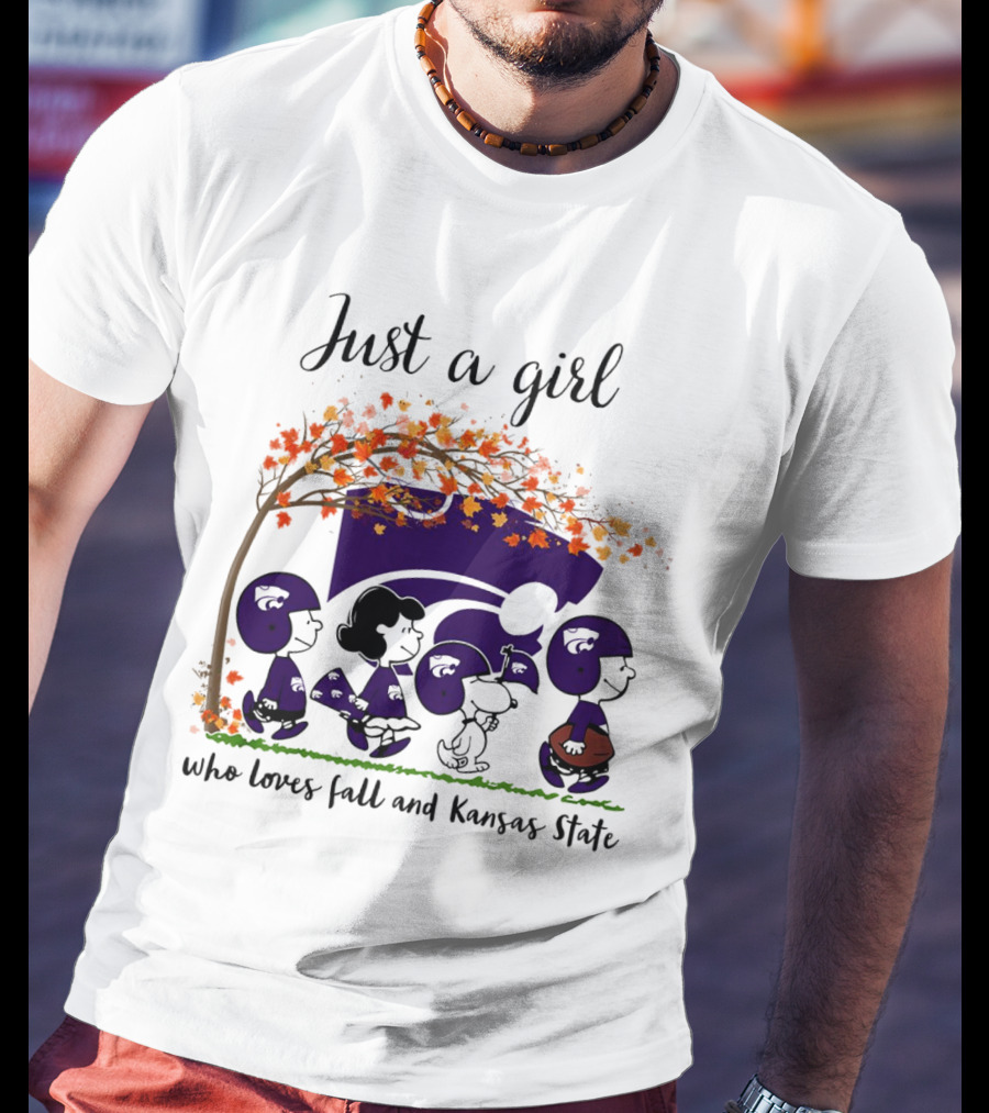 Just A Girl Who Loves Fall And Kansas State Peanuts Cartoon Halloween Football Players T-Shirt