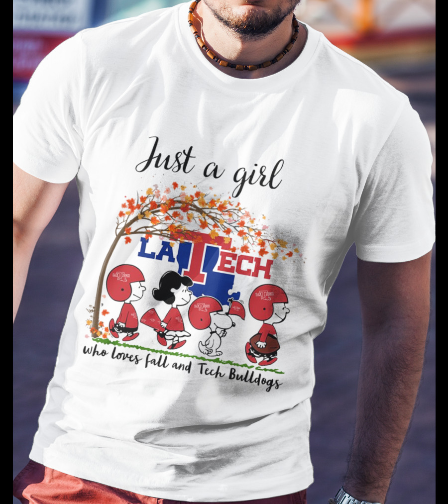 Just A Girl Who Loves Fall And LA Tech Bulldogs Peanuts Cartoon T-Shirt
