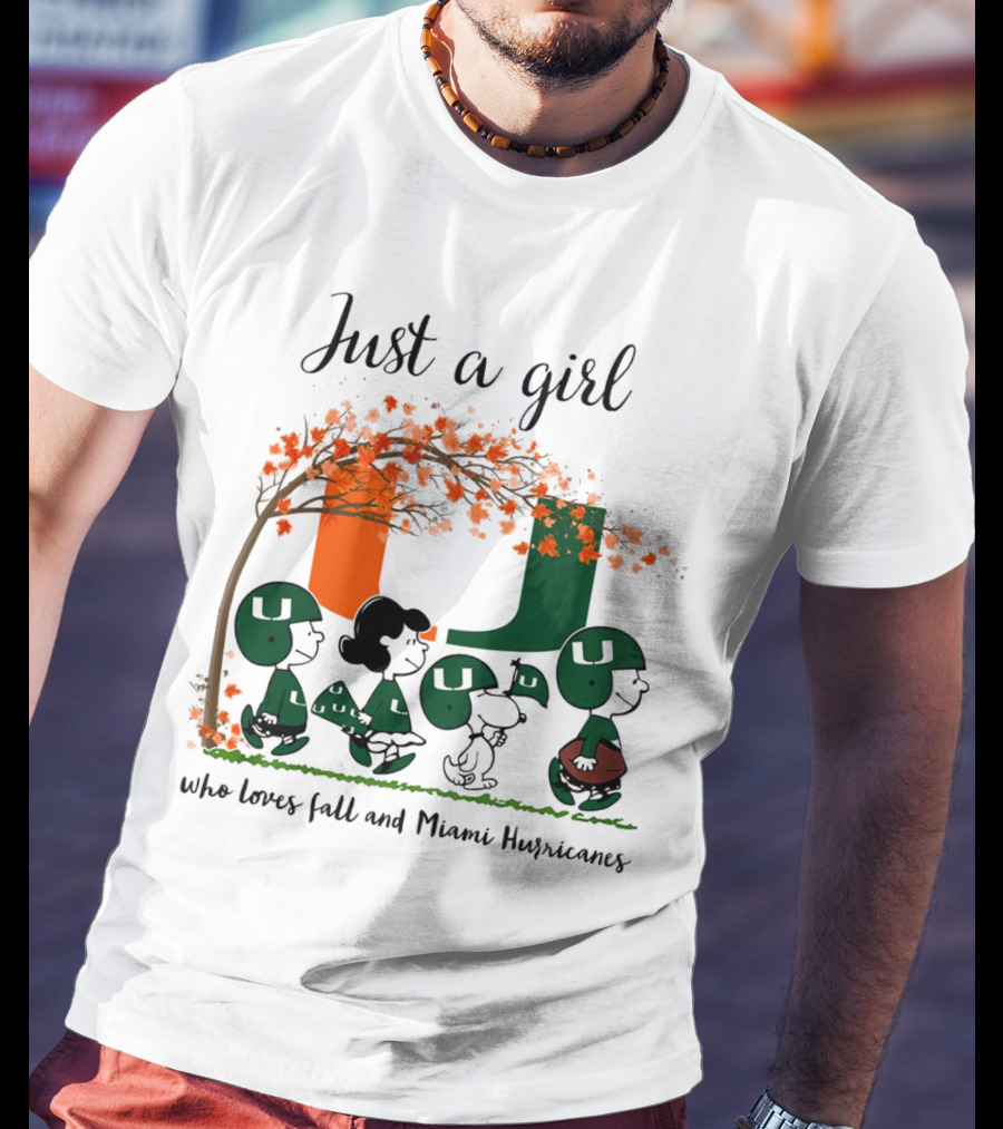 Just A Girl Who Loves Fall And Miami Hurricanes Peanuts Cartoon T-Shirt