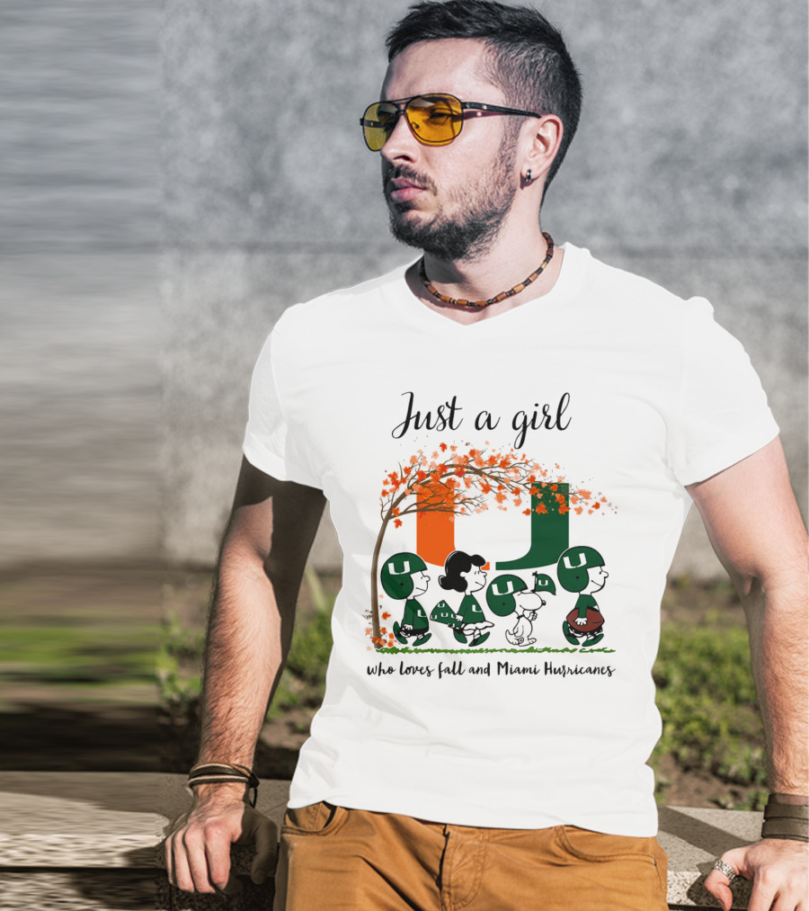 Just A Girl Who Loves Fall And Miami Hurricanes Peanuts Cartoon T-Shirt