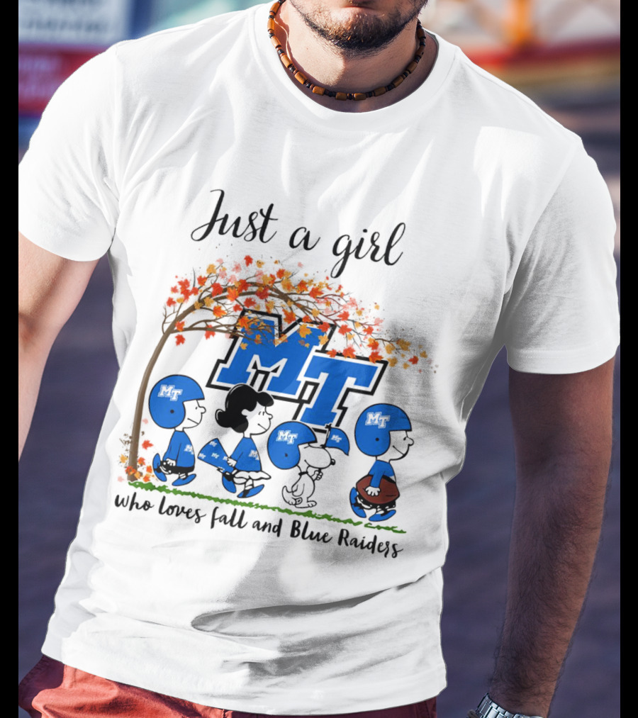 Just A Girl Who Loves Fall And Middle Tennessee Blue Raiders Peanuts Cartoon T-Shirt