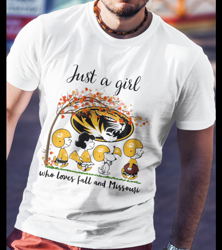Just A Girl Who Loves Fall And Missouri Peanuts Cartoon Halloween Football Tiger Leaves T-Shirt