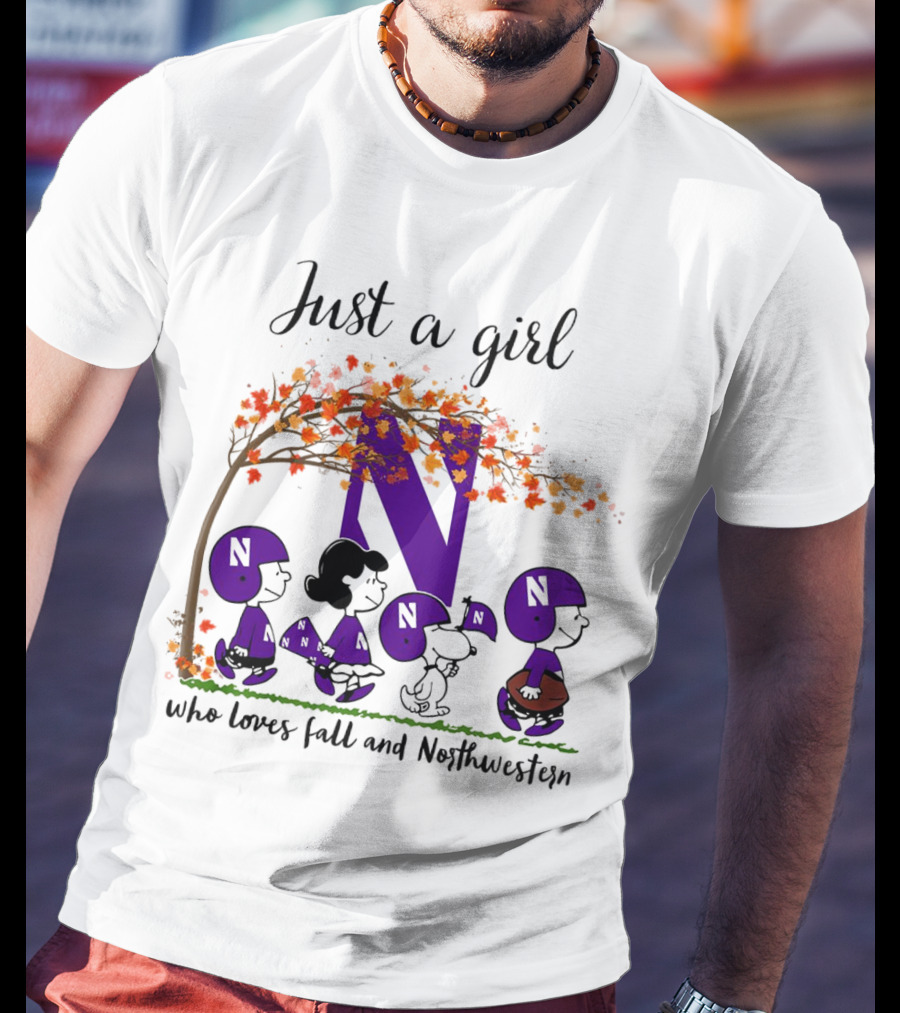Just A Girl Who Loves Fall Northwestern Wildcats Peanuts Cartoon Halloween T-Shirt