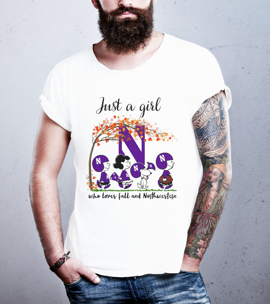 Just A Girl Who Loves Fall Northwestern Wildcats Peanuts Cartoon Halloween T-Shirt