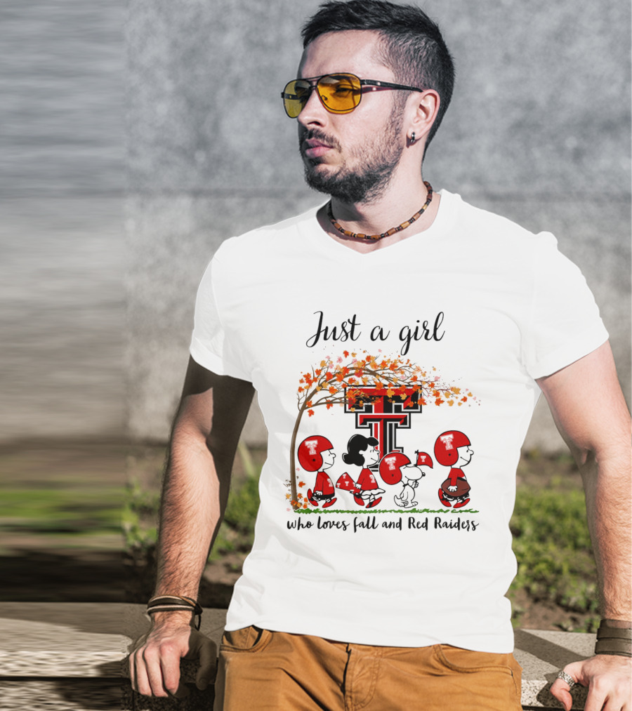 Just A Girl Who Loves Fall And Red Raiders Peanuts Cartoon Football Fans T-Shirt