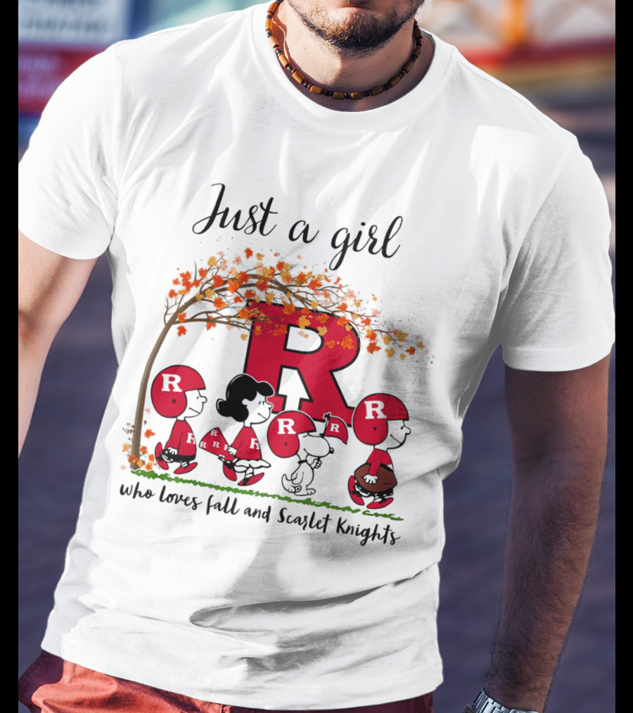Just A Girl Who Loves Fall Scarlet Knights Peanuts Cartoon T-Shirt