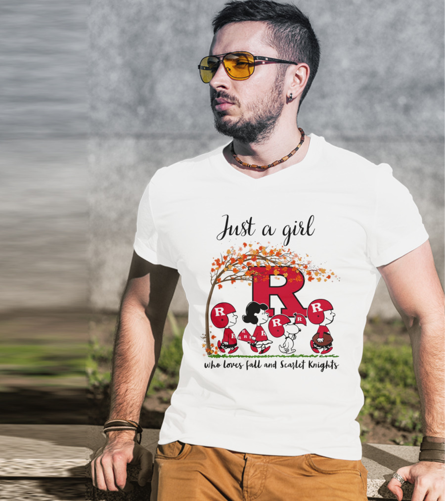 Just A Girl Who Loves Fall Scarlet Knights Peanuts Cartoon T-Shirt