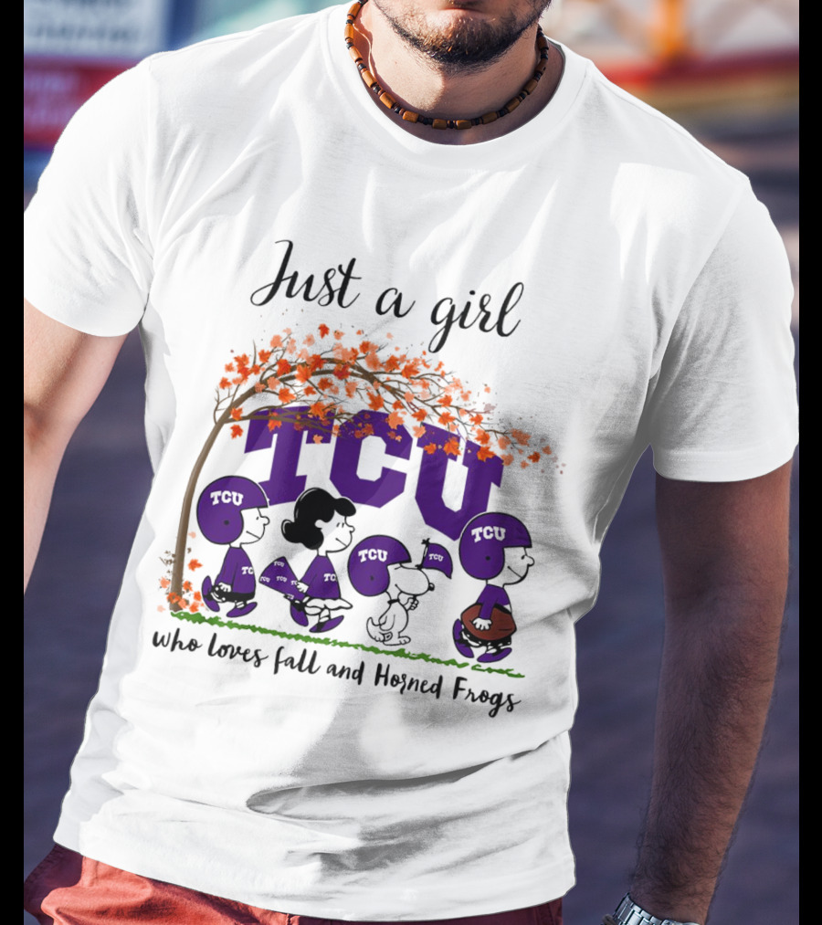 Just A Girl Who Loves Fall TCU Horned Frogs Peanuts Cartoon T-Shirt
