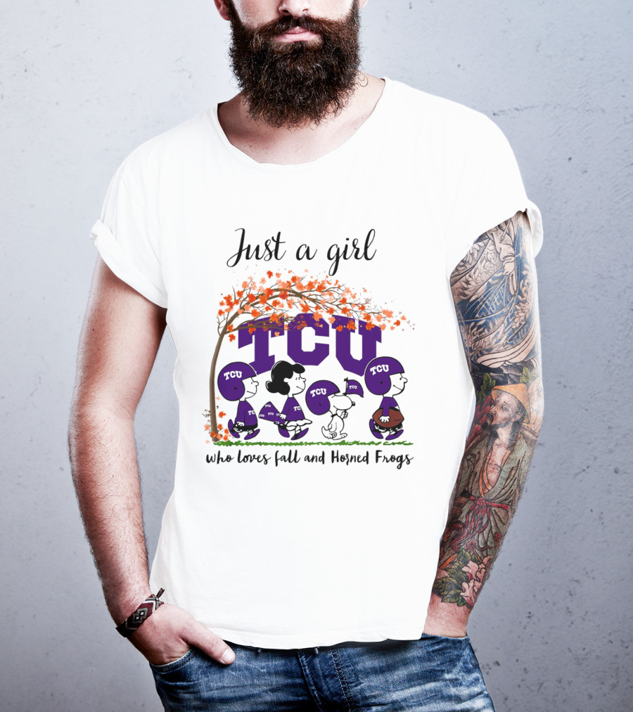 Just A Girl Who Loves Fall TCU Horned Frogs Peanuts Cartoon T-Shirt