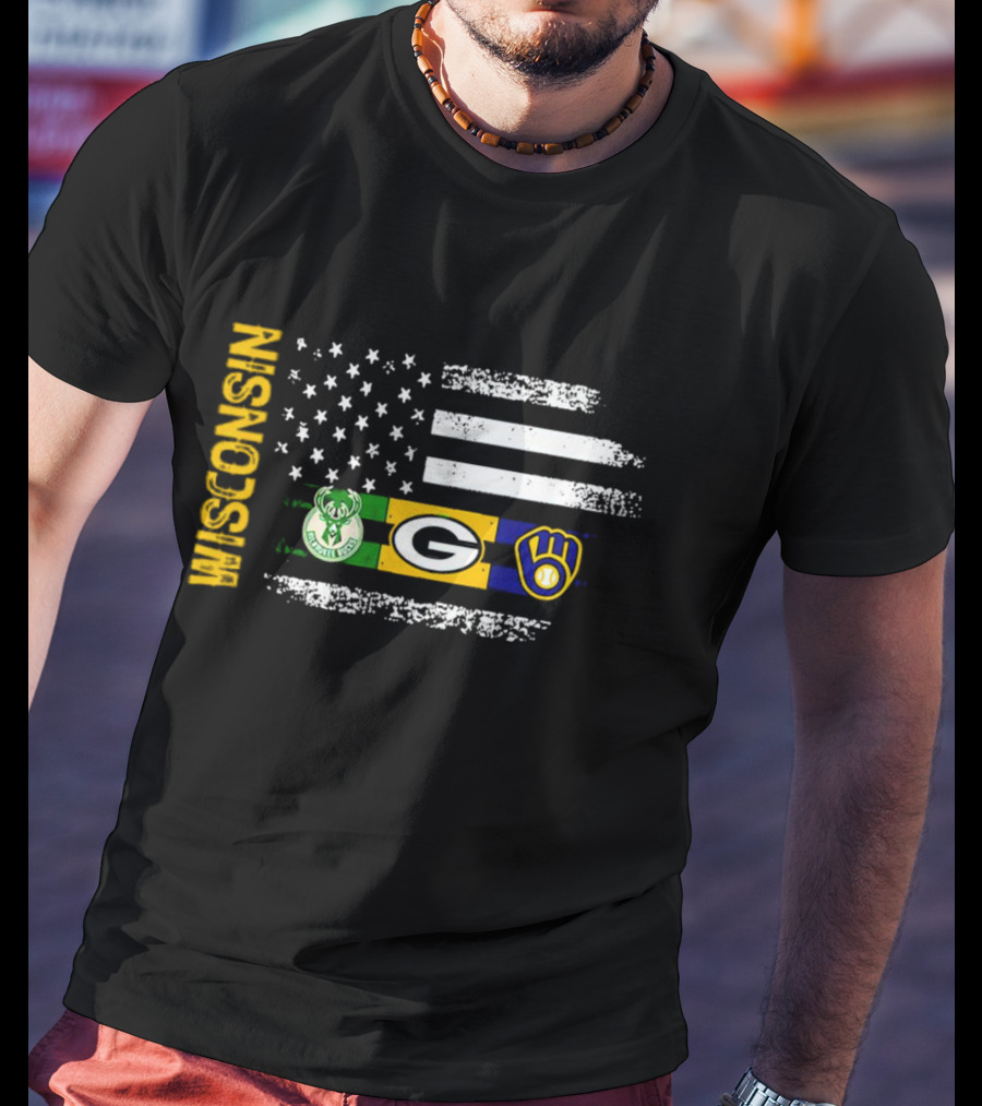 Wisconsin Flag American Sports Green Bay Packers Milwaukee Bucks Milwaukee Brewers T-Shirt