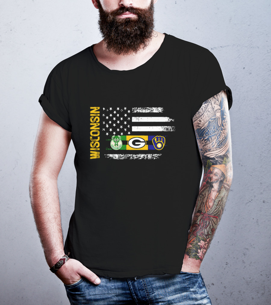 Wisconsin Flag American Sports Green Bay Packers Milwaukee Bucks Milwaukee Brewers T-Shirt