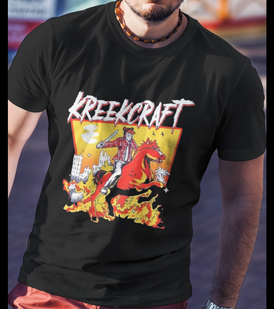 Kreekcraft Warrior Riding Fiery Horse In Urban Landscape T-Shirt
