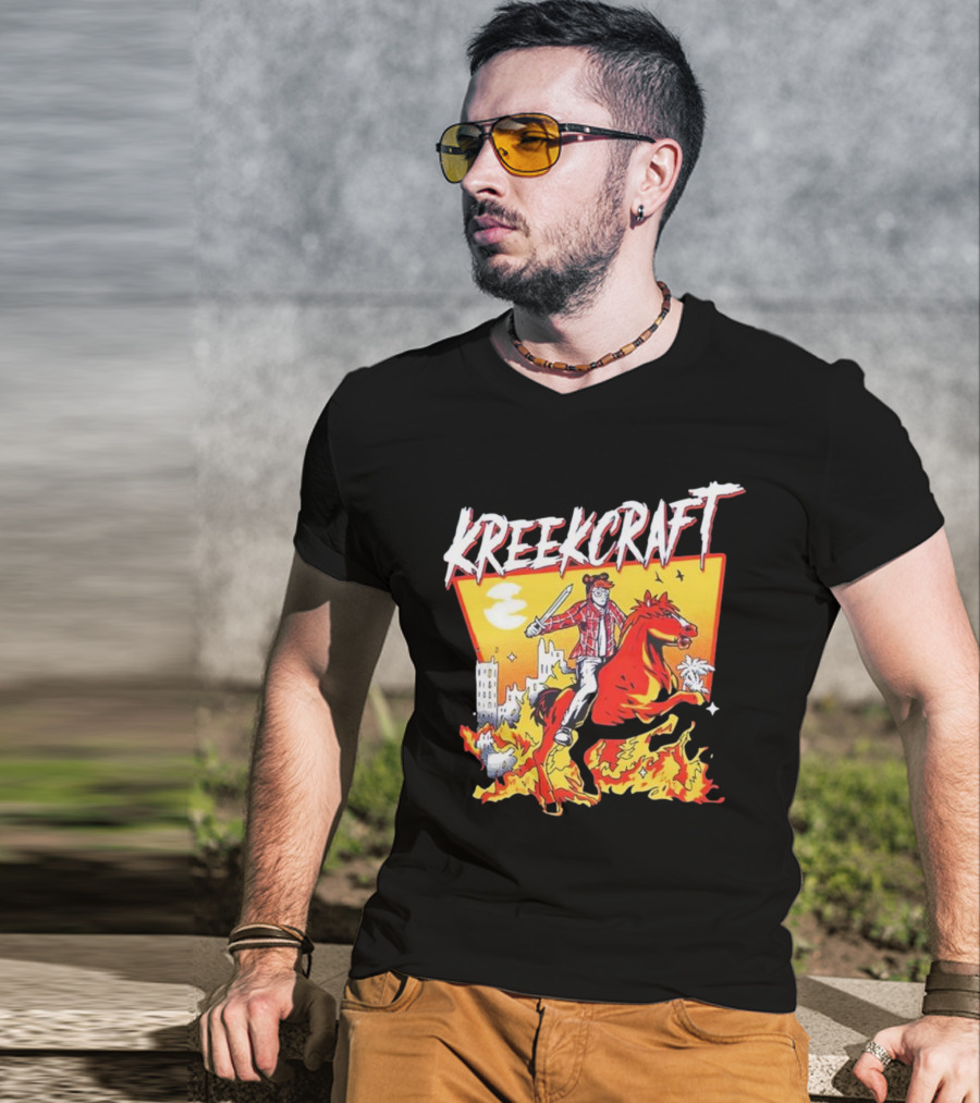 Kreekcraft Warrior Riding Fiery Horse In Urban Landscape T-Shirt