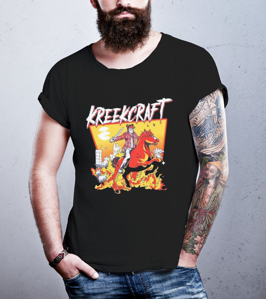 Kreekcraft Warrior Riding Fiery Horse In Urban Landscape T-Shirt