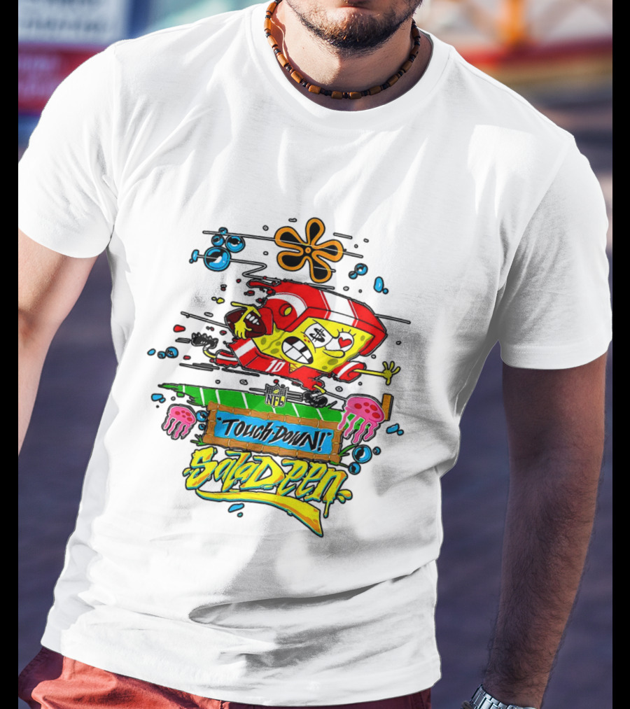 NFL Junk Food SpongeBob X King Saladeen Touchdown Saladeen Graffiti Art Football Character Burst T-Shirt