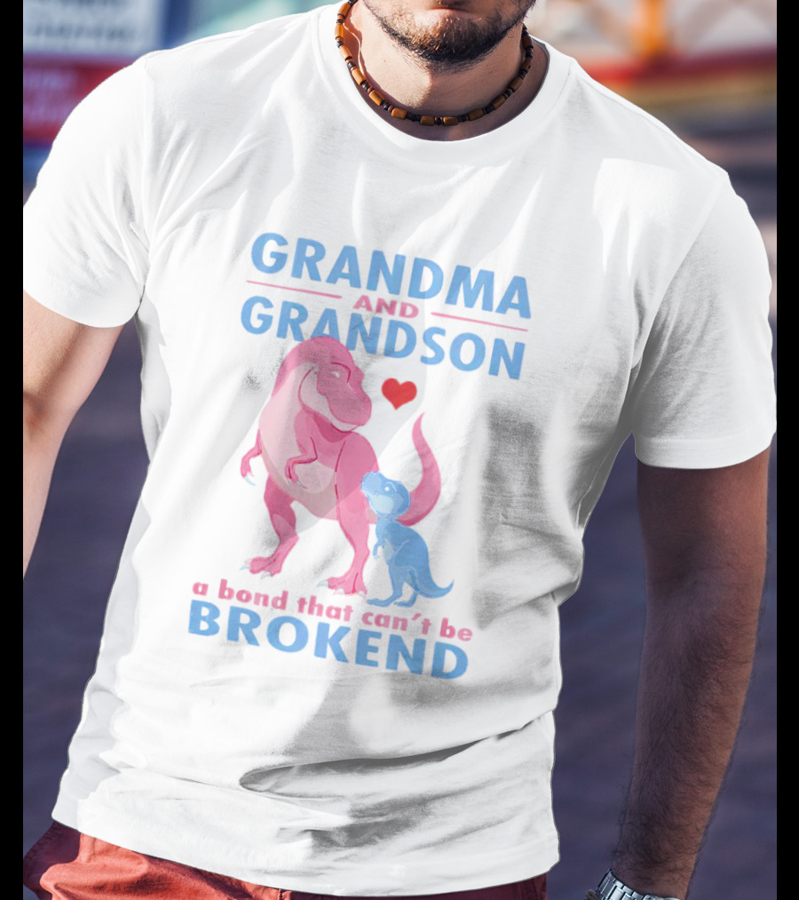 Grandma And Grandson A Bond That Can't Be Broken With Pink And Blue Dinosaurs And Heart T-Shirt