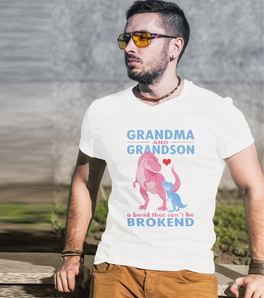 Grandma And Grandson A Bond That Can't Be Broken With Pink And Blue Dinosaurs And Heart T-Shirt