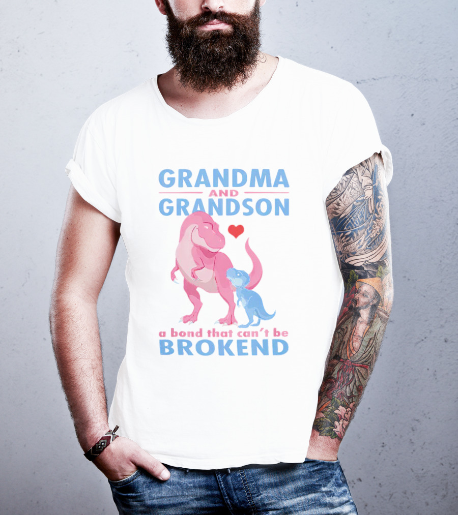 Grandma And Grandson A Bond That Can't Be Broken With Pink And Blue Dinosaurs And Heart T-Shirt