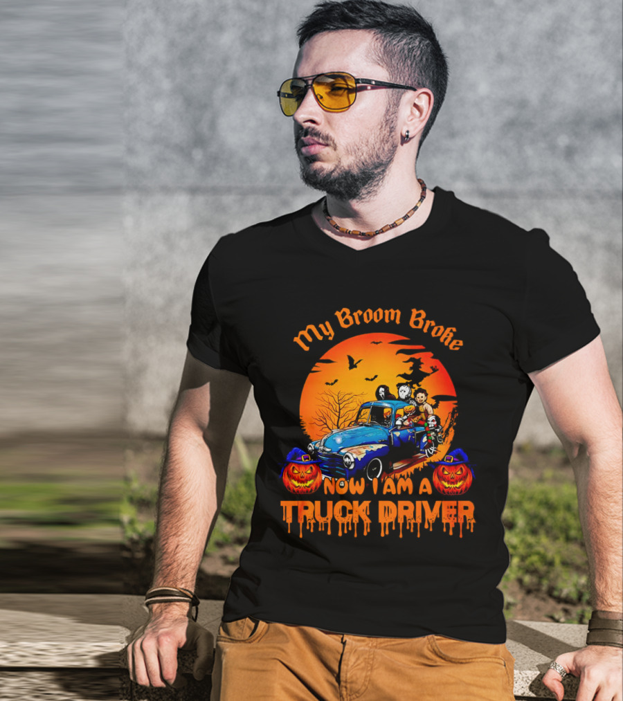 My Broom Broke Now I Am A Truck Driver Halloween Truck With Pumpkins And Ghosts T-Shirt