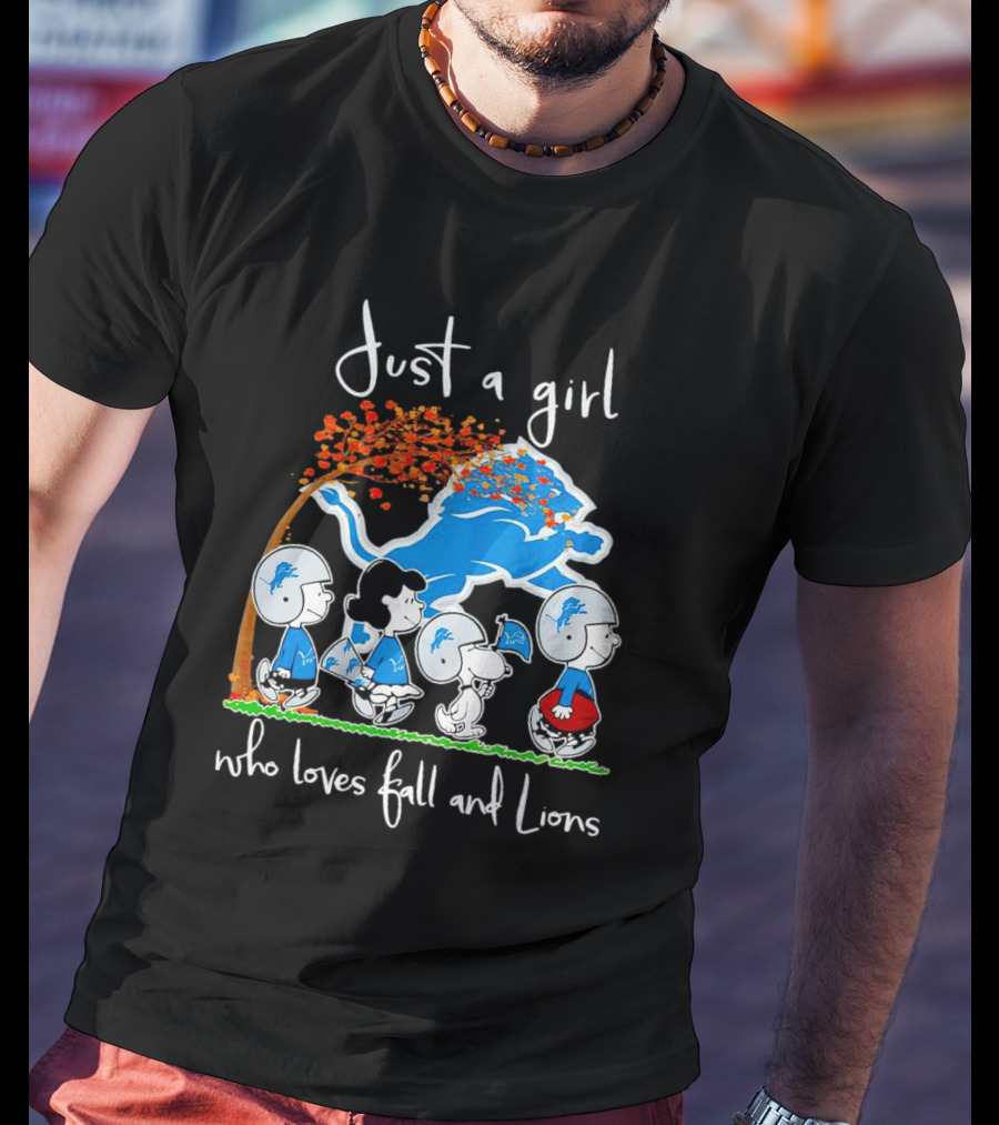 Snoopy Peanuts Just A Girl Who Loves Fall And Detroit Lions Football T-Shirt