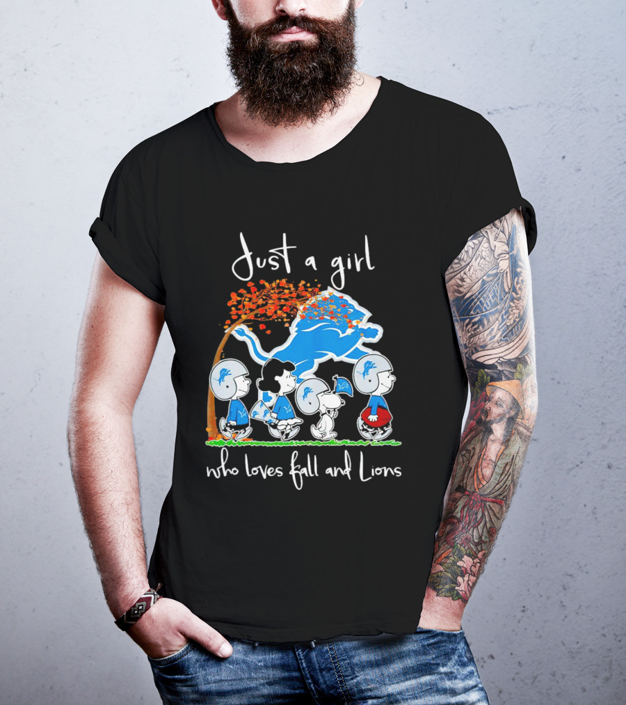 Snoopy Peanuts Just A Girl Who Loves Fall And Detroit Lions Football T-Shirt