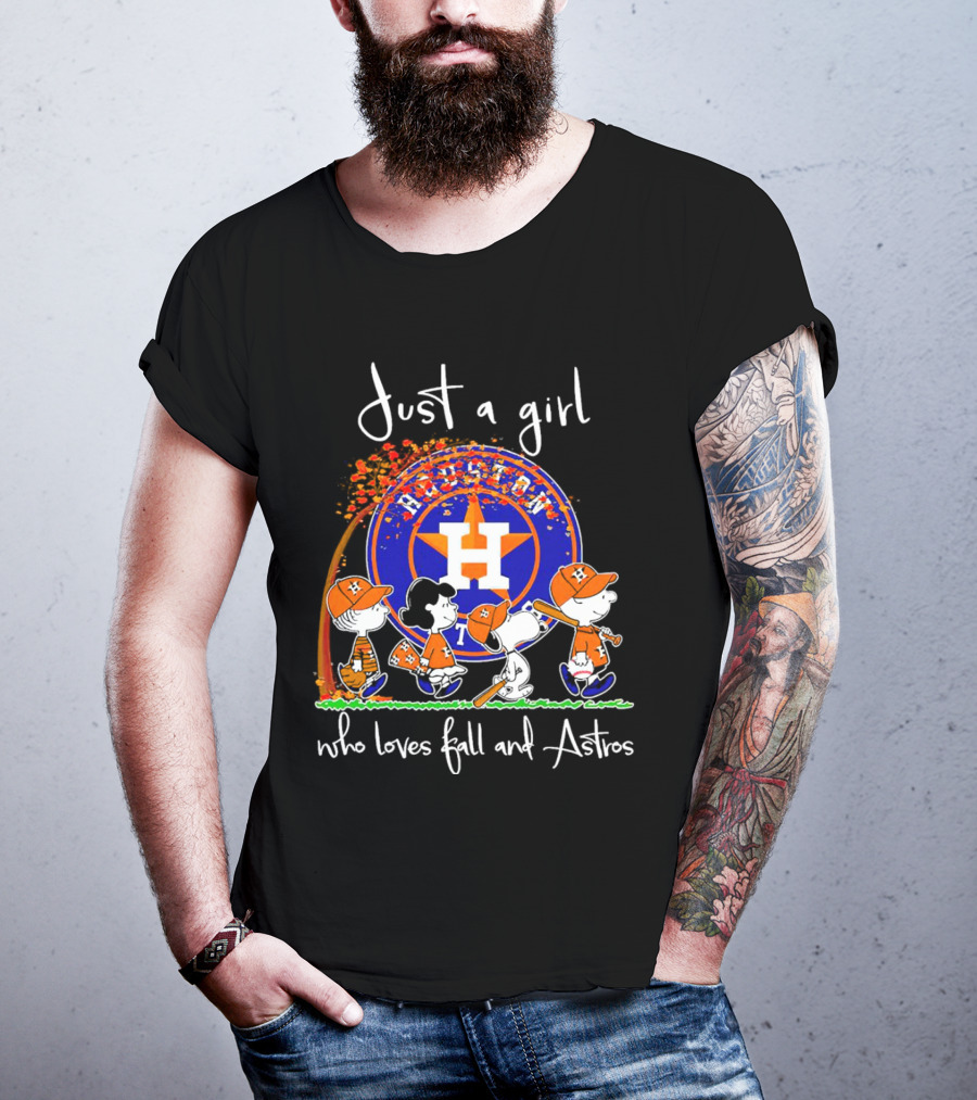 Just A Girl Who Loves Fall And Houston Astros Snoopy Peanuts Baseball Scene T-Shirt