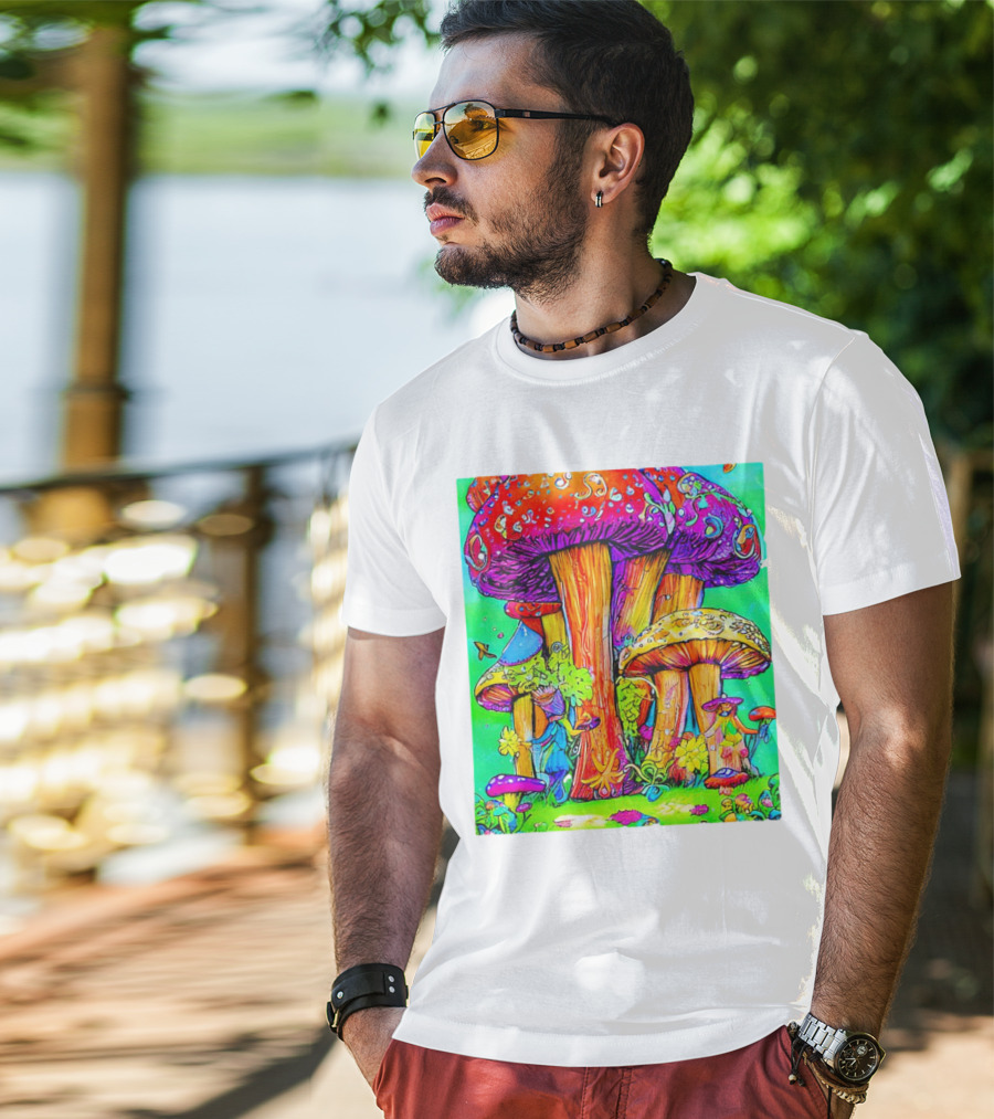 Multi Color Psychedelic Forest Mushrooms Fantasy T-Shirt