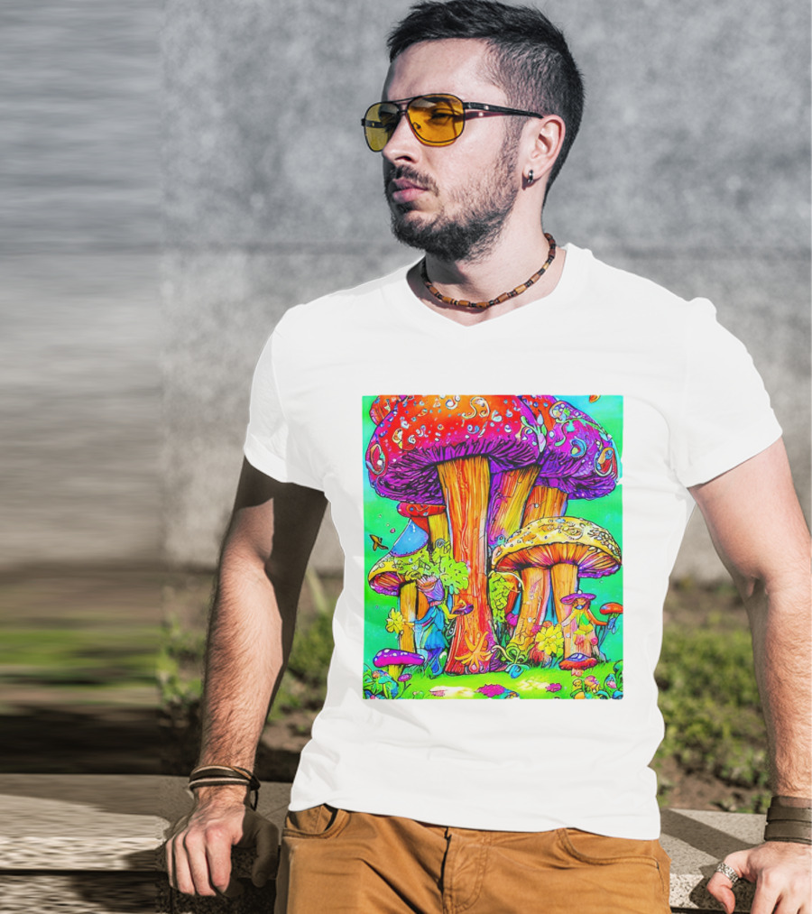 Multi Color Psychedelic Forest Mushrooms Fantasy T-Shirt