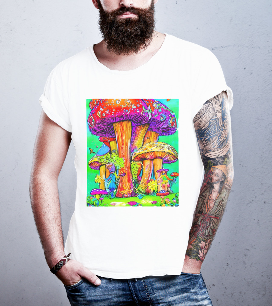 Multi Color Psychedelic Forest Mushrooms Fantasy T-Shirt