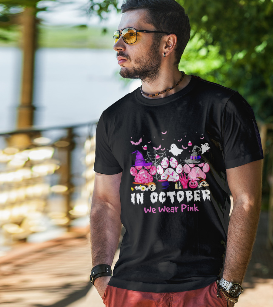 In October We Wear Pink Halloween Dog Paws Ghost Witch Hat T-Shirt